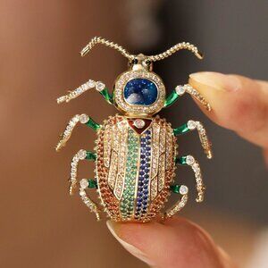 Luxury Rainbow Crystal Scarab Beetle Brooch - Gold Tone Insect Pin